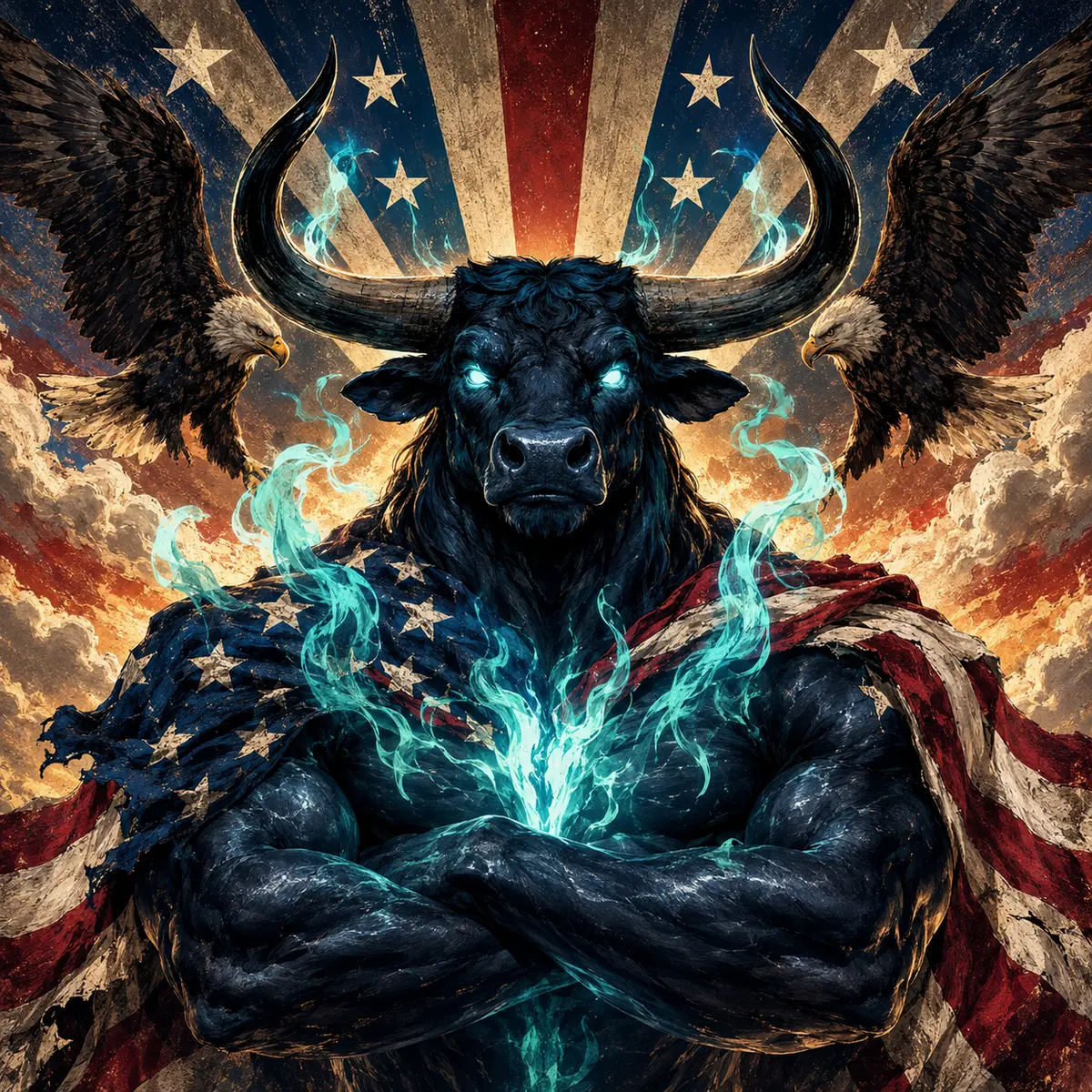 American Bull with flags and bald eagles
